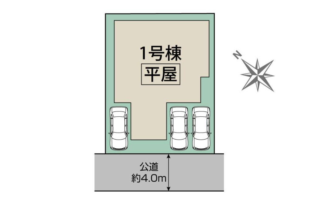 上尾市原市全1棟　1号棟の区画図|南西側4m公道に接した、陽当たり良好な52坪の敷地。並列で3台駐車可能なカースペースを確保しました。出し入れもスムーズなゆとりある配棟計画で、快適なカーライフを実現します。