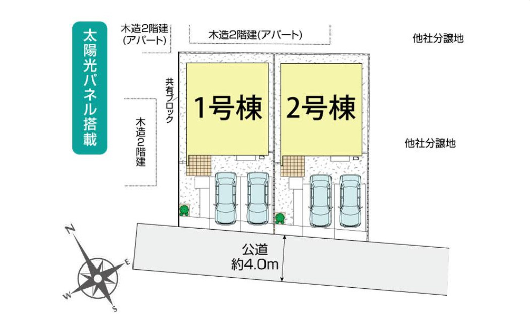 北足立郡伊奈町中央4丁目全2棟　2号棟の区画図|南道路に面した陽当り良好な2号棟。並列2台駐車可能な広々としたカースペースを確保しました 。太陽光パネル搭載で、家計にも環境にも優しい先進の暮らしを、ゆとりある敷地計画がサポートします。