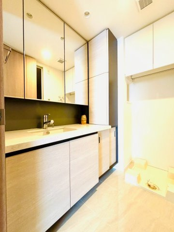 SKY DUO PARK VILLAGE T棟  33階の独立洗面台|三面鏡の収納スペースの多い洗面スペースです。