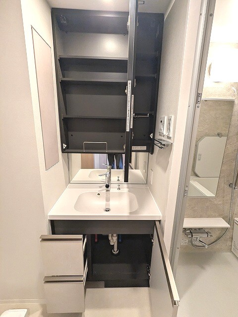 LEFOND PROGRES秋葉原マークスの設備|2面鏡付、ハンドシャワー付の独立洗面台、洗面台下にヘルスメーターストックあります、タオルフックにスマホストレージあり便利です