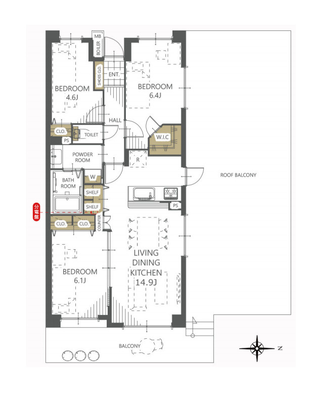 大宮パーク・ホームズの間取り|【大宮パーク・ホームズ】・3LDK・専有面積70.34m2・バルコニー面積11.25m2・ルーフバルコニー面積54.00㎡