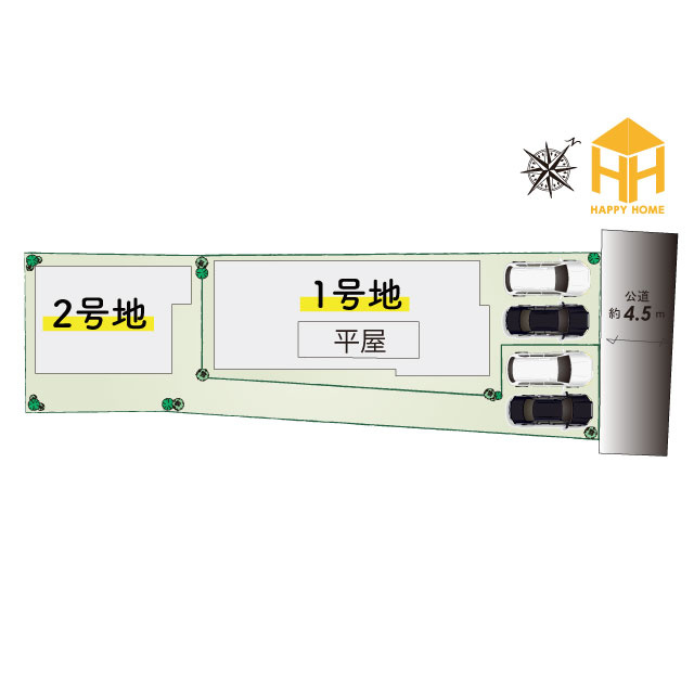 ブルーミングガーデン中野西2丁目新築一戸建て│3LDK+並列駐車２台可の区画図|周辺環境に優れた住宅街に平屋と2階建の2棟が誕生いたします！