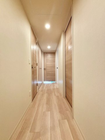クリーンリバーフィネス宮の沢ミッドステージサウスのその他|ダウンライトが映える落ち着いた雰囲気の廊下。
