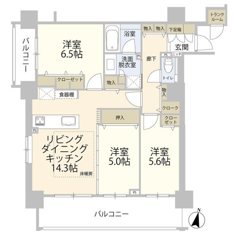 クリーンリバーフィネス宮の沢ミッドステージサウスの間取り|南向き、ワイドバルコニー付きの3LDK