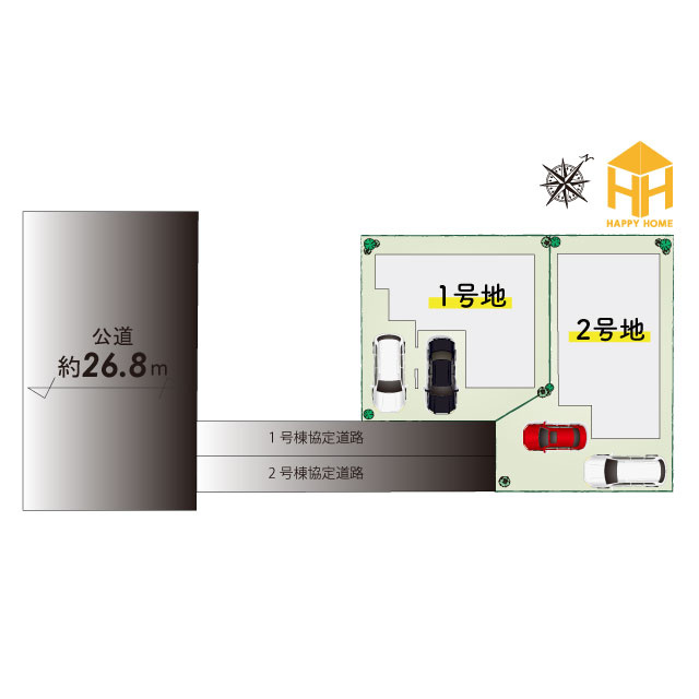 ブルーミングガーデン浜甲子園2丁目新築一戸建て│3LDK+並列駐車2台可（制限有）の区画図|阪神「甲子園」駅徒歩22分◎バス利用も可能です！2026年3月完成予定全2区画◎