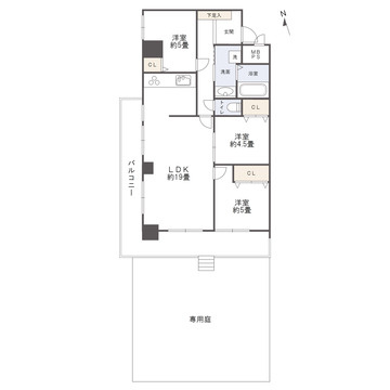 チサンマンション小笹の間取り|専有面積75.97㎡の3LDK。角部屋・専用庭付き。戸建て感覚のマンションです。