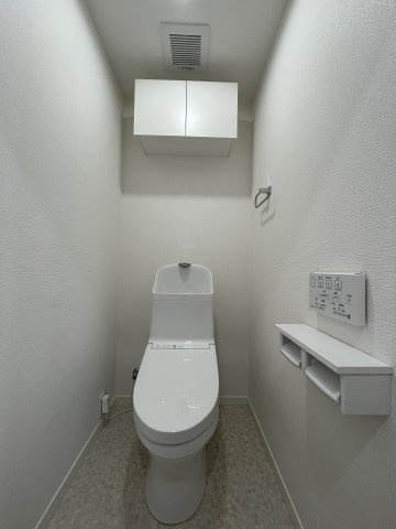 チサンマンション小笹のトイレ|温水洗浄便座付のトイレです。収納付きでスッキリ保てます。