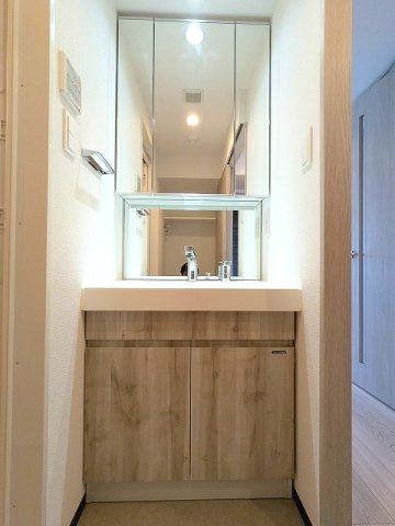 エスレジデンス浅草clarityの洗面所|三面鏡付、ハンドシャワー付独立洗面台です