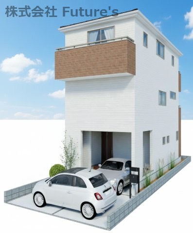 三郷市戸ケ崎　新築戸建　全1棟の外観パース|3階建てならではの空間設計♪ビルトインガレージ＋屋外カースペースで2台駐車可能