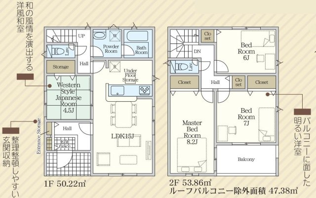大府市神田町三丁目347番の一部『仲介手数料無料』新築戸建ての間取り|　1号棟　1F:LDK15帖に隣接する洋風和室4.5帖はお子様の遊び場・奥様の家事室に便利！リビングスルー階段♪2F:主寝室8.2帖・洋室7帖・洋室6帖　CL設置♪ホール収納♪南面バルコニー♪
