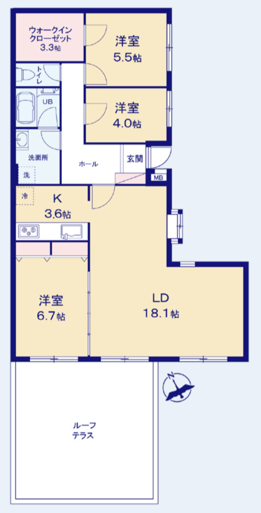 クレール洋光台テラスハウスレフトウィング【仲介手数料無料】ルーフバルコニーの間取り