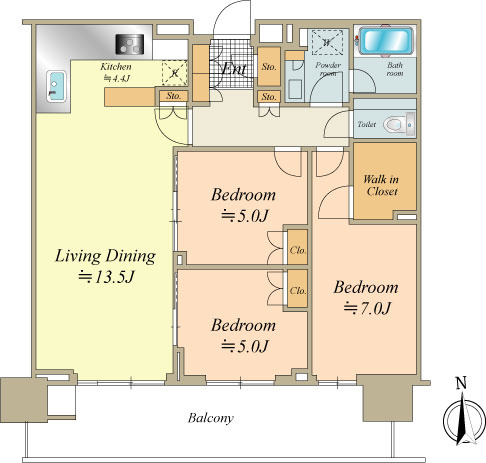 50階建て10階部分　77.30㎡　3LDK＋WIC＋S　南向き