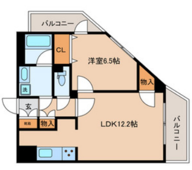 レジデンス新蒲田スクエアの間取り|東向きバルコニー北東角部屋45㎡超えの余裕ある1LDK