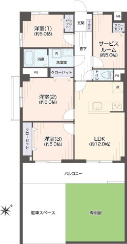 【間取り】 | ネオハイツ高宮 | 戸建て感覚が味わえる専用庭付き。お庭の横に専用の駐車場も付いており、直接お家に入ってこられます