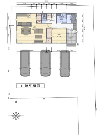 【土地図＋建物プラン例】 | 川越市大字天沼新田　売地　C区画 | 建物プラン例（C号地）建物価格）1,115万円（建物価格のみ　税抜き）、建物面積　　106.11　㎡