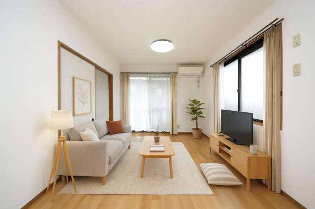 ハイライズ石川の居間・リビング|バーチャルステージングになりますので、設備・什器は付帯しません。参考にご覧くださいませ。