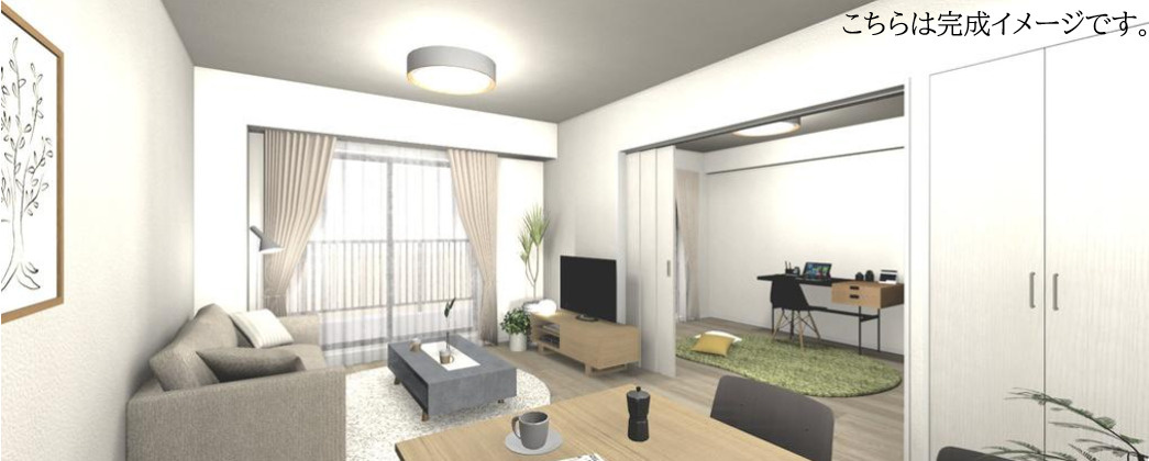 メゾン・ド・ルミネ東大宮の居間・リビング|二面採光の明るさが際立つ14.2帖のLDK 。隣接する洋室の扉を開放すれば、さらに奥行きのある大空間が広がります。家族の成長や用途に合わせ、自在に空間を使い分けられる現代的な住まいです。