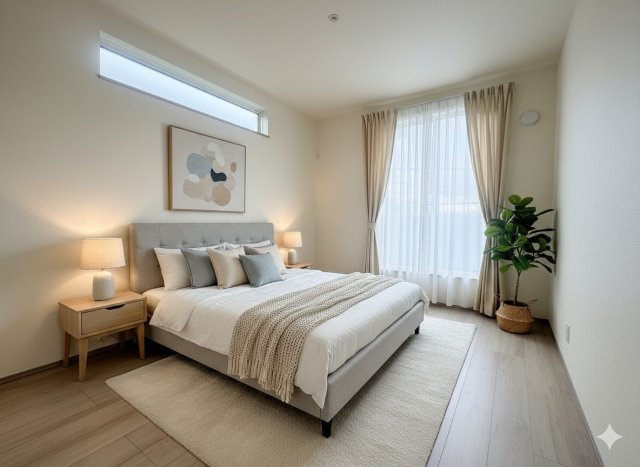 吉川市道庭1丁目　新築戸建　全1棟の寝室|現況の物件写真にCGによる画像処理を行っています。家具、家電、小物、カーテン等はイメージはCGです。