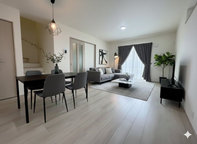 吉川市道庭1丁目　新築戸建　全1棟の居間・リビング|現況の物件写真にCGによる画像処理を行っています。家具、家電、小物、カーテン等はイメージはCGです。