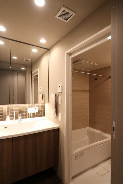 プラセシオン原の洗面所|使い勝手の良い三面鏡洗面化粧台。背面には化粧品などの収納に便利なスペースがございます。