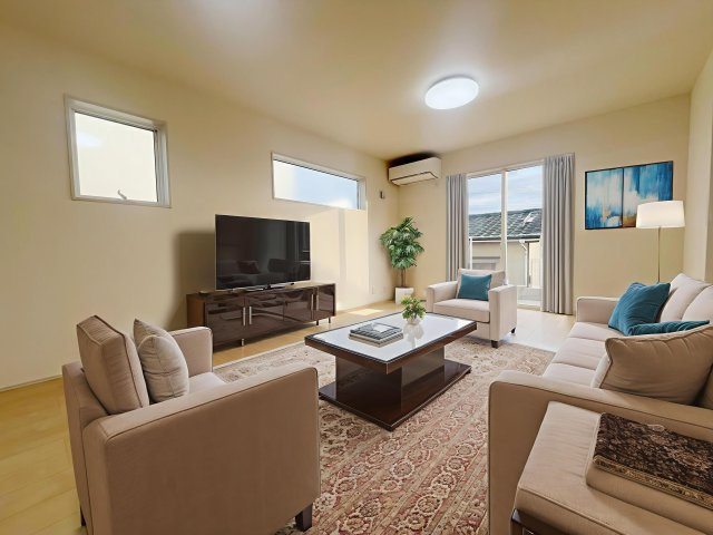 新築戸建・新築建売　福島市蓬莱6丁目第2　蓬莱東小・蓬莱中の居間・リビング|画像はバーチャルホームステージングの加工による演出で、実際の家具は付きません。