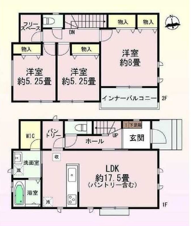 新築　前橋市南町2丁目　Heartful　Town　A号棟の間取り|建物面積96.87㎡　全居室南向き♪フリースペース・パントリー・ウォークインクローゼット・各部屋収納付きで便利です！インナーバルコニーなので急な雨でもお洗濯物も安心です。