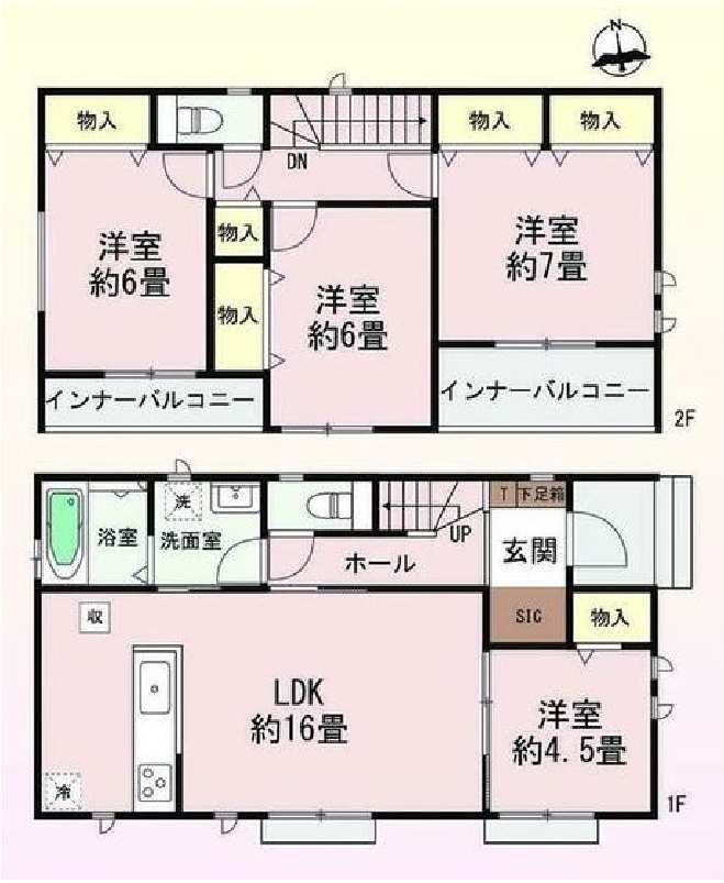 新築　前橋市南町2丁目　Heartful　Town　B号棟の間取り|建物面積106.82㎡　全居室南向き♪シューズインクローク・各部屋収納付きで便利です！インナーバルコニーなので急な雨でもお洗濯物も安心です。