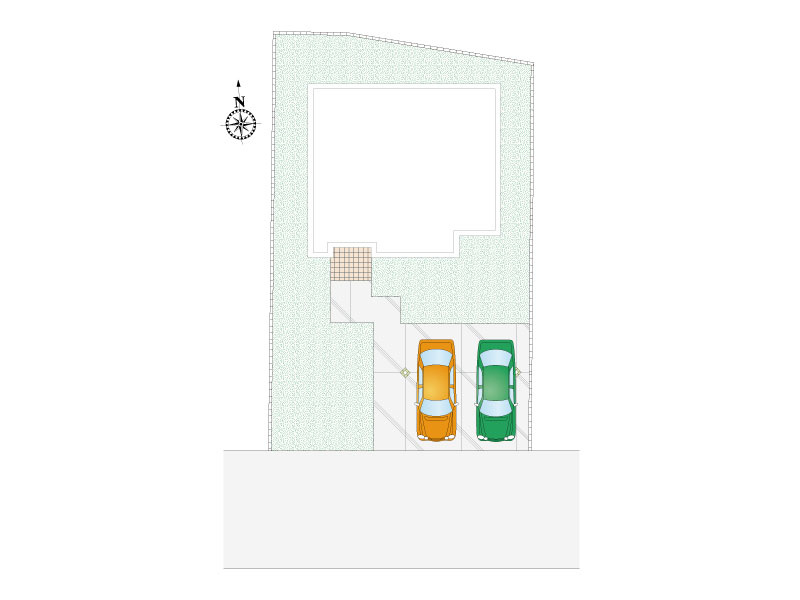 【３号棟：配置図】南道路で車の出し入れがしやすく、並列2～3台駐車可能となっております。
もちろん陽当たりも良好で、お庭で家庭菜園やガーデニングもお楽しみいただけます。