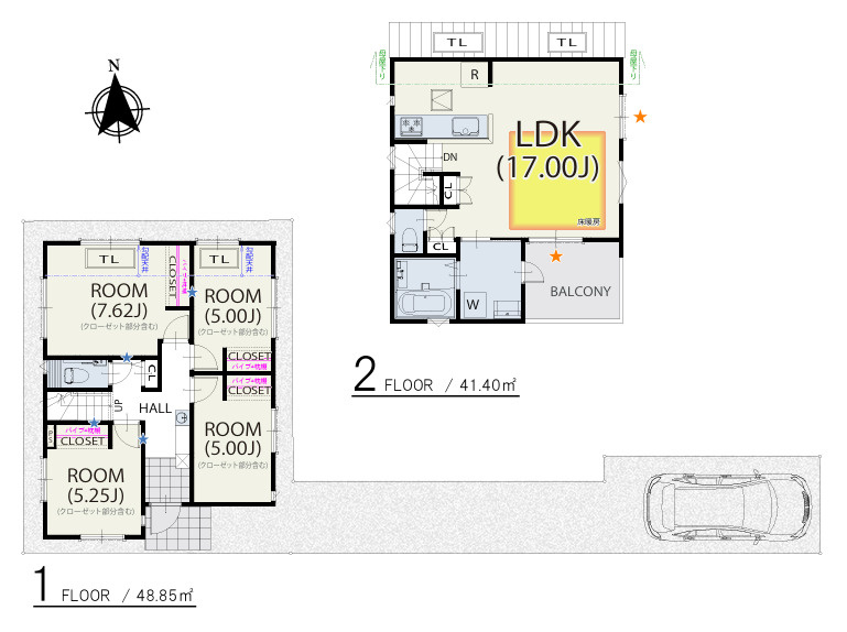 練馬区南田中1丁目　6家族様限定×大型分譲　建築条件付売地の参考プラン|2号地　4LDK+カースペース　敷地面積 103.09ｍ2　建物面積 90.25ｍ2　建物価格 1,800万円