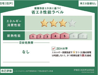 松戸市南花島３丁目新築戸建【上本郷第二小学校：9分】の省エネ性能ラベル|省エネ性能ラベル・ZEH水準