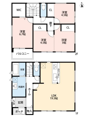 小牧市藤島町出口　新築戸建　2号棟の間取り|広々LDK19.5帖。南面に広々お庭あり♪
ウォークインクローゼットあり