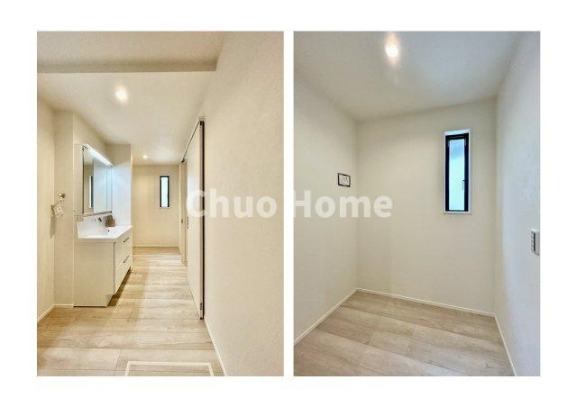 江戸川区北篠崎2丁目新築分譲住宅の脱衣所|【洗面所】明るい洗面所は朝をすっきりさせてくれる空間です。バタバタしている忙しい朝でも収納が多い洗面台では短い時間で効率良く支度ができます。