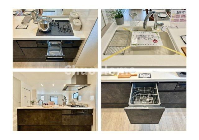 江戸川区北篠崎2丁目新築分譲住宅のキッチン|【システムキッチン】ワイドで収納豊富な使い勝手の良いカウンターキッチンには、食洗器・伸縮タイプのキッチン水栓、三ツ口コンロ・魚焼きグリルなどの便利な設備が標準完備されています。