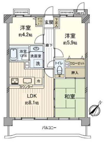 ライオンズマンション大宮堀の内の間取り|【ライオンズマンション大宮堀の内】・3LDK・専有面積60.1m2・バルコニー面積9.56m2