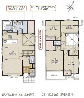 【間取り】 | 南区上鶴間8丁目  1号棟 4期 | 4LDK　都市ガス　リビング及びダイニング床暖房　LDK一部上部吹抜　シャッター1箇所付　食洗器・浄水器　浴室乾燥機+窓　土間収納　WIC2箇所　リネン庫　LDK21.6帖