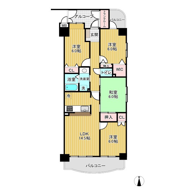 シャトレ愛松稲沢Ⅴの間取り|4LDK+トランクルーム、専有面積83.29m2、バルコニー面積12.04m2



