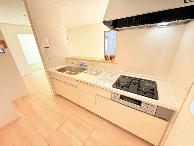 つくば市若葉第11　新築戸建のキッチン|家族とのコミュニケーションや小さいお子さんの様子を見守りながら安心して料理ができます。洗練されたスタイリッシュなデザインと使い勝手を追求した設備、豊富な収納力も大満足です。