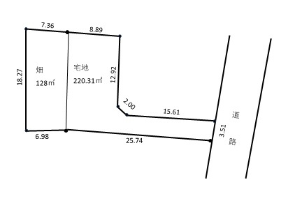 小郡市上西鰺坂　売り土地の土地図|畑（128㎡）+宅地（220.31㎡）。