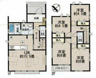 【間取り】 | 南区御園5丁目 A号棟 | 4LDK　都市ガス　掃き出し窓シャッター付　Ｗロックディンプルキー　浴室乾燥機+窓　全居室収納　LDK15.5帖