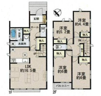 【間取り】 | 南区御園5丁目 B号棟 | 4LDK　都市ガス　掃き出し窓シャッター付　Ｗロックディンプルキー　浴室乾燥機+窓　全居室収納　LDK16.5帖