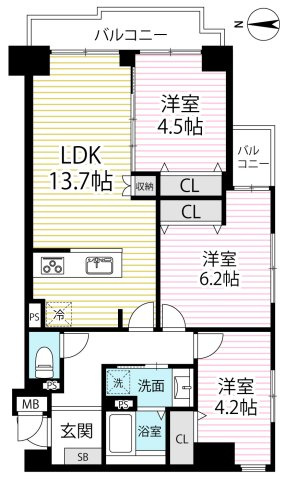 ◆リフォーム済み◆４階の南東向き角住戸◆近鉄丹波橋駅徒歩４分◆コスモ丹波橋の間取り
