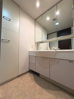 【独立洗面台】 | デュオコート武蔵浦和 | 大型鏡の裏やサイドに充実した収納スペースを確保。散らかりがちな洗面小物やリネン類もスッキリ収まります。広々としたカウンターで、忙しい朝の身支度もスムーズに整う快適な空間です。