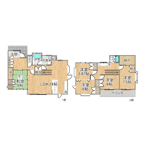 売中古戸建　中央区高丘東四丁目の間取り|5LDKの間取は全てのお部屋が広く、１階のLDKは大空間！リビングには床暖房完備。2階は洋室4部屋、屋根裏収納も完備。