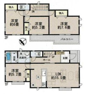 【間取り】 | 南区御園5丁目 E号棟 | 都市ガス　掃き出し窓シャッター付　Ｗロックディンプルキー　二部屋から行き来できるバルコニー　浴室乾燥機+窓　各部屋収納　LDK15.5帖