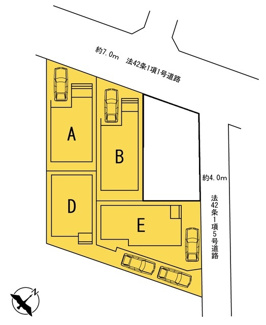 【区画図】 | 南区御園5丁目 E号棟 | E号棟　北東側約4.5ｍ位置指定道路（公道）　駐車1台（車種によります）　敷地面積32.8坪