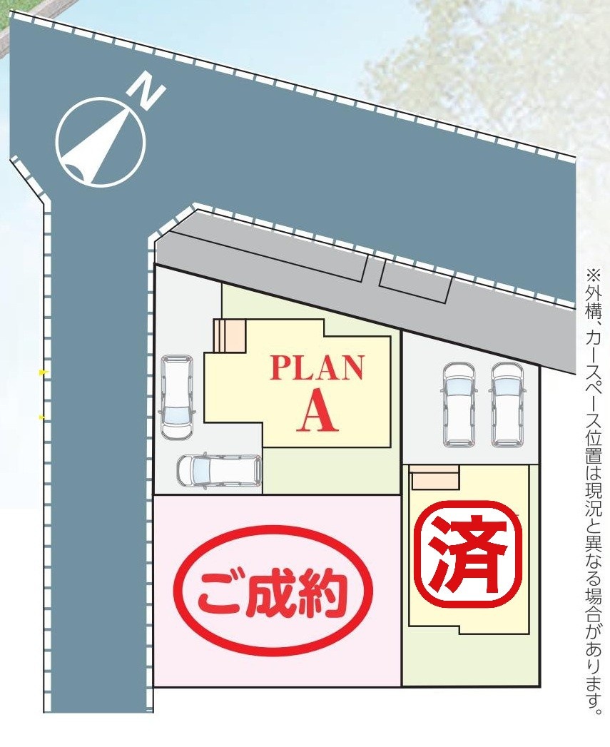 吉川市高久1丁目　新築戸建　全3棟　A号棟の区画図|角地に位置する開放的な立地です。カースペース2台分付！