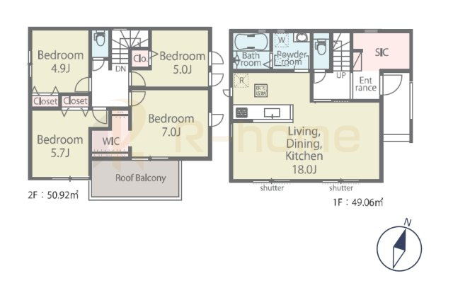 我孫子市青山第1期　新築戸建て　2号棟の間取り|4LDK＋WIC＋SIC、土地面積219.97m2、建物面積99.98m2
