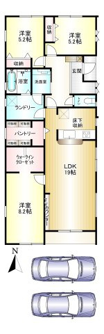 大和高田市西坊城第9期の間取り|3LDK＋WIC　土地面積：204.08㎡　建物面積：96.47㎡　駐車スペース2台