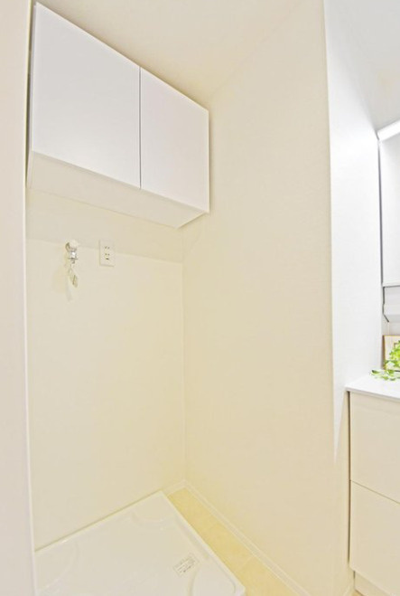 ダイアパレスつづきの丘のランドリースペース|ランドリースペースの上に日用品など置ける収納棚があります。