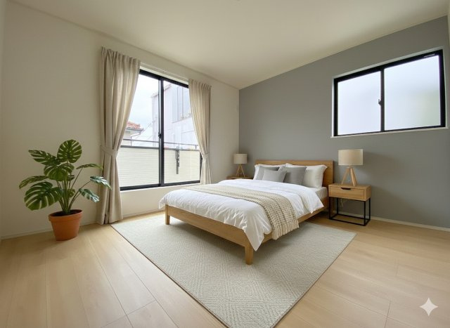 吉川市高久1丁目　新築戸建　全3棟　C号棟の寝室|同施工会社の参考写真にCGによる画像処理を行っています。家具、小物、カーテン等はイメージはCGです。